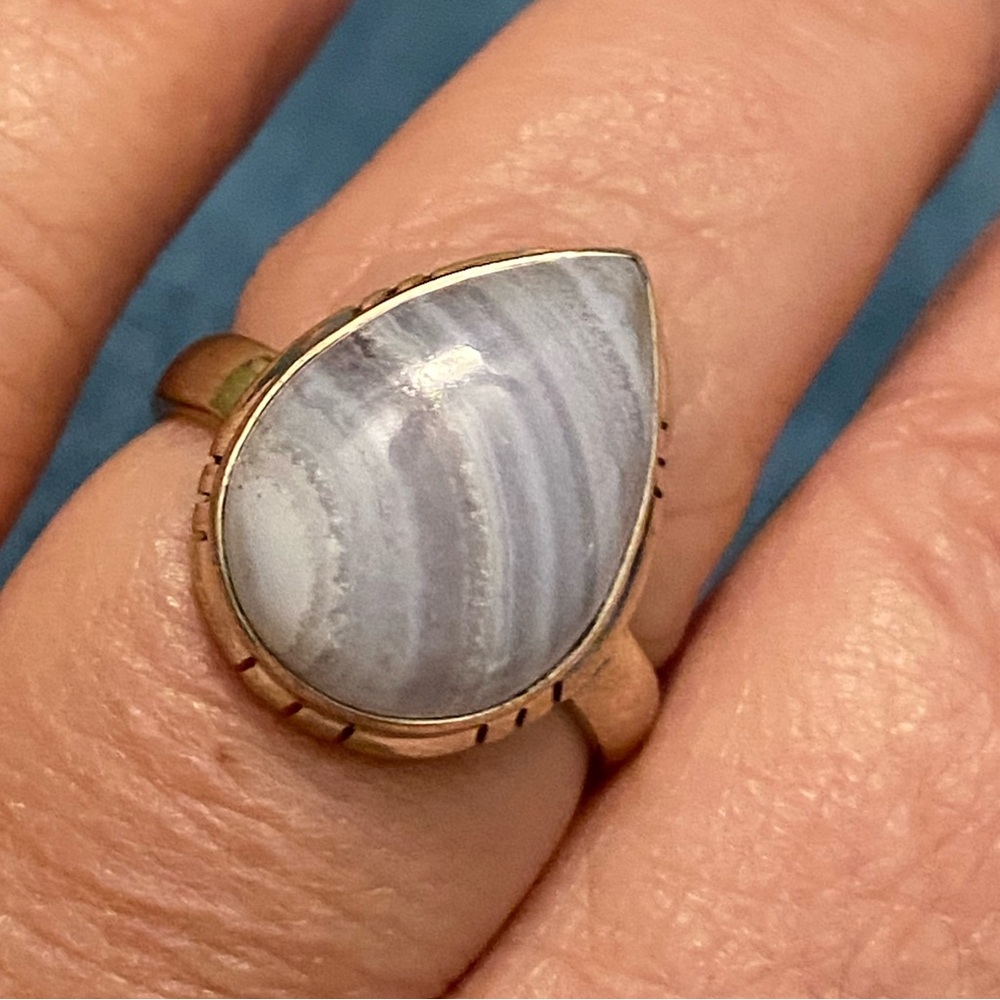 Blue Lace Agate Teardrop Ring in Sterling Silver